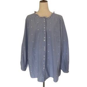 Talbots 3X Blouse Plus Size Blue White Stripe Embroidered Polka Dot‎ Cotton EUC